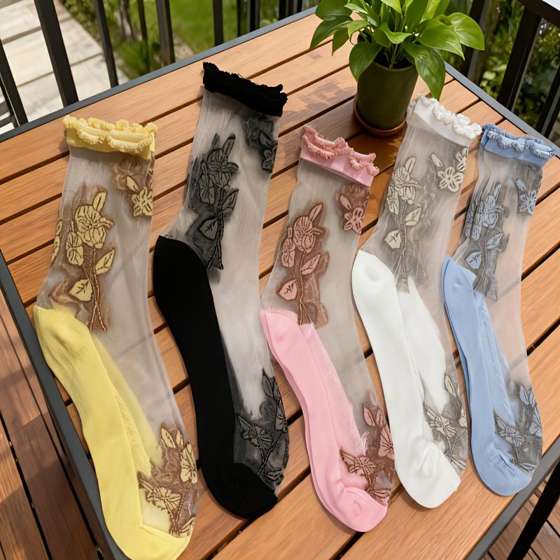 5 Pairs women ice silk ruffled mid-calf socks, floral crystal breathable deodorant casual elegant socks One-size
5 Pairs women ice silk ruffled mid-calf socks, floral crystal breathable deodorant casual elegant socks One-size