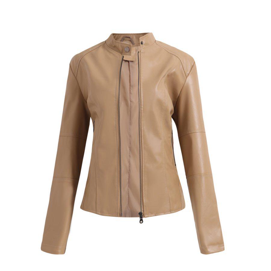 Европейские женские кожаные куртки - Приталенные и легкие, Весна/Осень, Мотоциклетный стиль, Воротник-стойка, Доступны большие размеры Extra Large абрикосовый