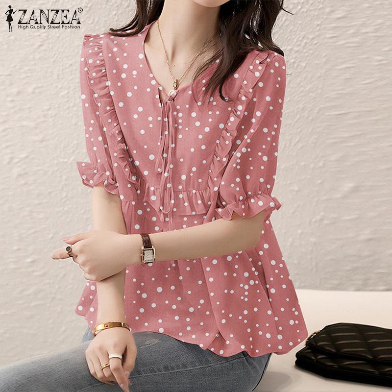 ZANZEA Женские топы в горошек с оборками и подолом, повседневная блузка
ZANZEA Женские топы в горошек с оборками и подолом, повседневная блузка