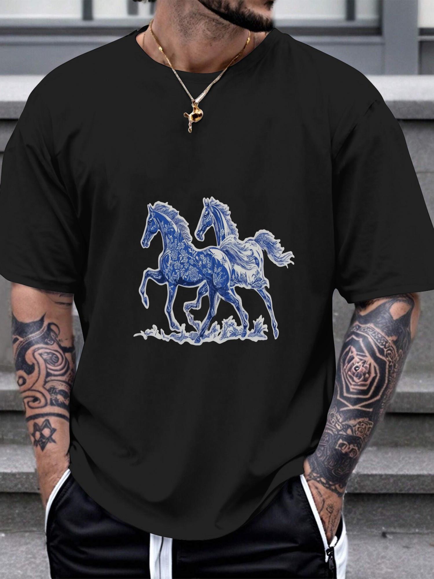 1pc Casual Short Sleeve T-shirt - Blue & White Porcelain Horse Die-Cut Graphic on Black S
1pc Casual Short Sleeve T-shirt - Blue & White Porcelain Horse Die-Cut Graphic on Black S