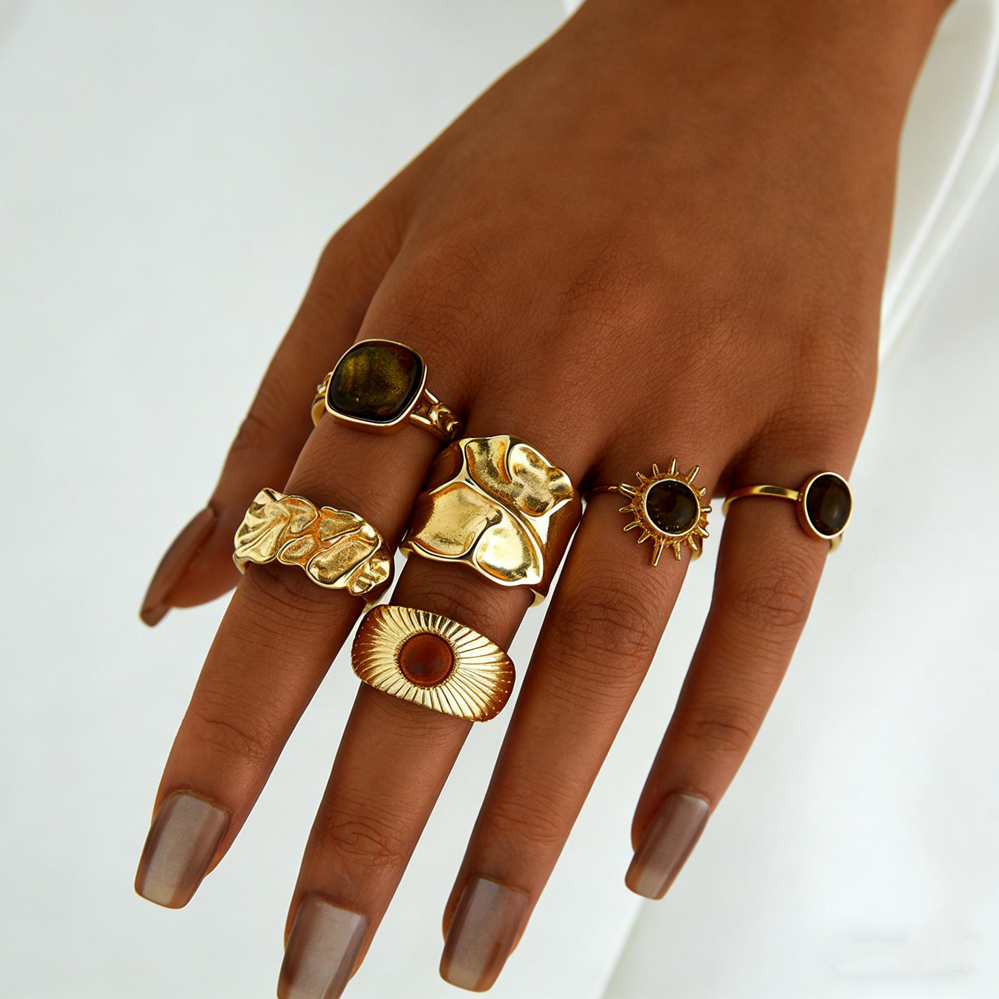 6 Pcs Set Vintage Tiger Eye Stone Ring Set for Women Fashion Gold Color Irregular Sun Flower Open Rings Boho Jewelry Gifts
6 Pcs Set Vintage Tiger Eye Stone Ring Set for Women Fashion Gold Color Irregular Sun Flower Open Rings Boho Jewelry Gifts