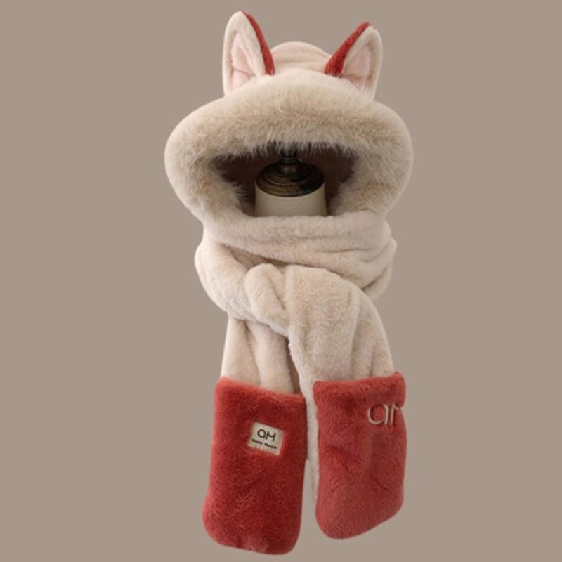 Сезонная шапка женская утепленная морозостойкая и теплая трехсекционная шарф-перчатки лиса милая зимняя плюшевая шапка