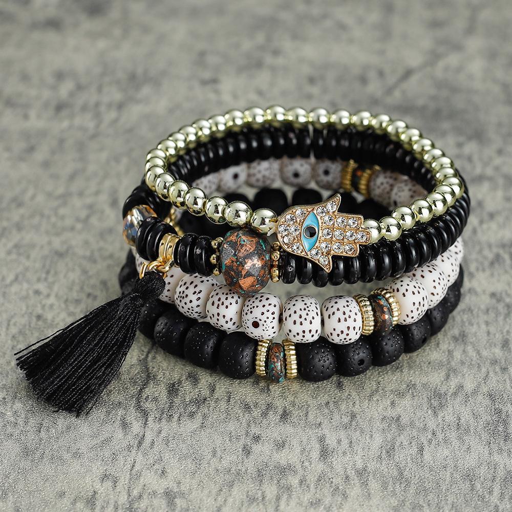 Богемский многослойный браслет из бисера с кисточками и ладонью от сглаза для мужчин и женщин чёрный