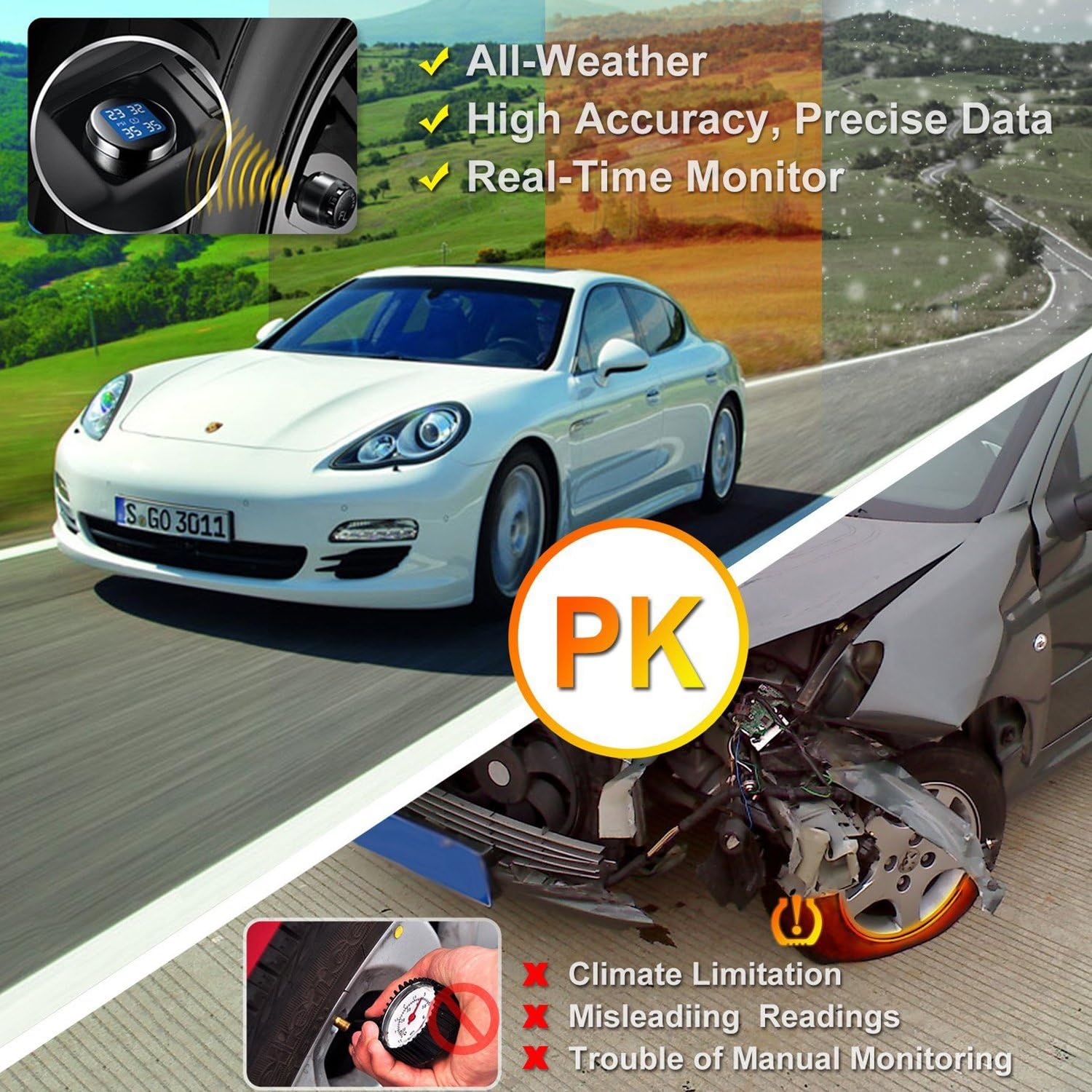 VESAFE Беспроводная система контроля давления в шинах (TPMS) для транспортных средств малого размера с 4 колесами, включая 4 внешних датчика-колпачка (0-87PSI) rectangle display
VESAFE Беспроводная система контроля давления в шинах (TPMS) для транспортных средств малого размера с 4 колесами, включая 4 внешних датчика-колпачка (0-87PSI) rectangle display