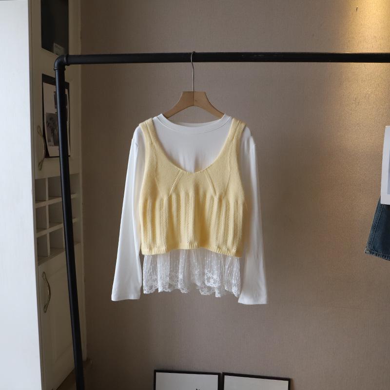 Весна 2025 Корейский стиль Кружевная отделка Пэчворк Футболка с длинным рукавом со слоеным вязаным жилетом для женщин One Size жёлтый
Весна 2025 Корейский стиль Кружевная отделка Пэчворк Футболка с длинным рукавом со слоеным вязаным жилетом для женщин One Size жёлтый