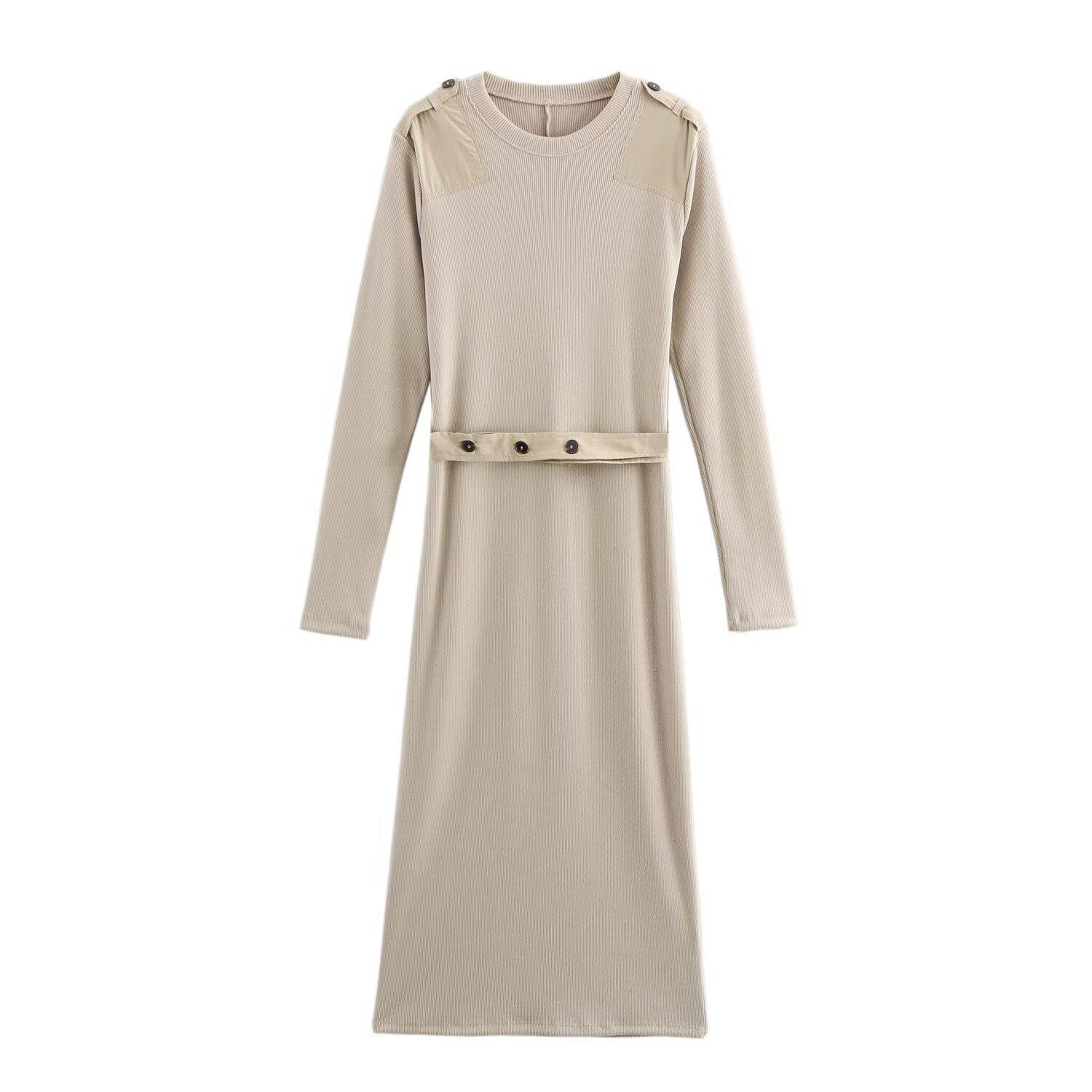 Женское миди-платье в рубчик с длинным рукавом и поясом на осень 2024 года - европейский и американский стиль Large грязно-белый