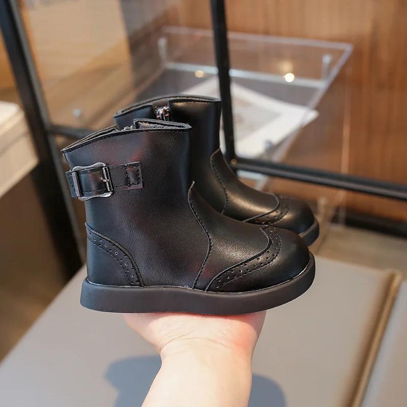Зимние детские ботинки Нескользящие Черные Коричневые Ботинки из хлопка для девочек Короткие Ботильоны Универсальные Детские Повседневные Модные Кожаные Ботинки Дышащие 26 чёрный