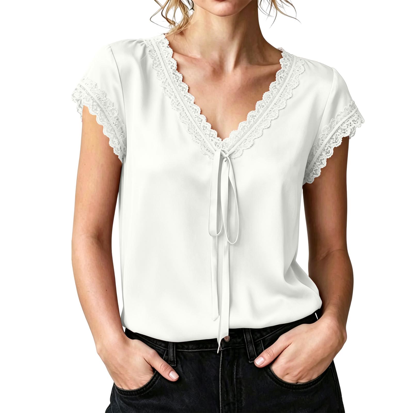 Women Satin Lace Trim V Neck Short Sleeve Blouse with Tie Front Loose Fit Lightweight Top for Daily Office Wear L белый
Women Satin Lace Trim V Neck Short Sleeve Blouse with Tie Front Loose Fit Lightweight Top for Daily Office Wear L белый