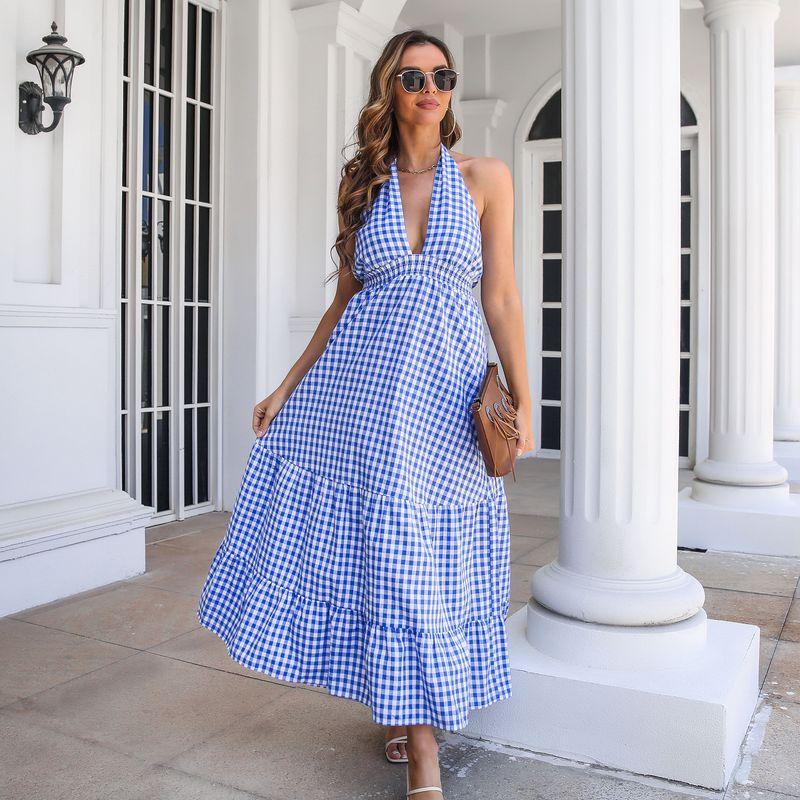 Fashion Summer Gingham Deep V-neck Sexy Sexy Halter Backless Elastic Waist A- line Dress Seaside Beach Skirt Women BLUE CHECK XL
Fashion Summer Gingham Deep V-neck Sexy Sexy Halter Backless Elastic Waist A- line Dress Seaside Beach Skirt Women BLUE CHECK XL