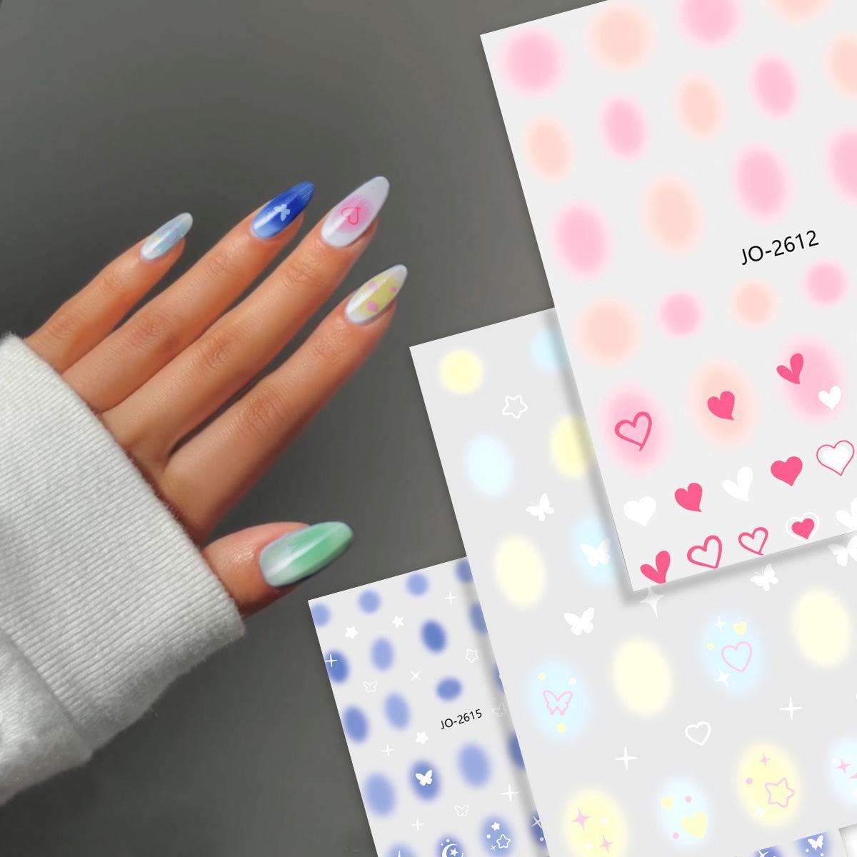 Colorful Ombre Gradient Nail Stickers: Semi-Transparent Butterfly, Heart, Starburst, and Bow Decals
Colorful Ombre Gradient Nail Stickers: Semi-Transparent Butterfly, Heart, Starburst, and Bow Decals