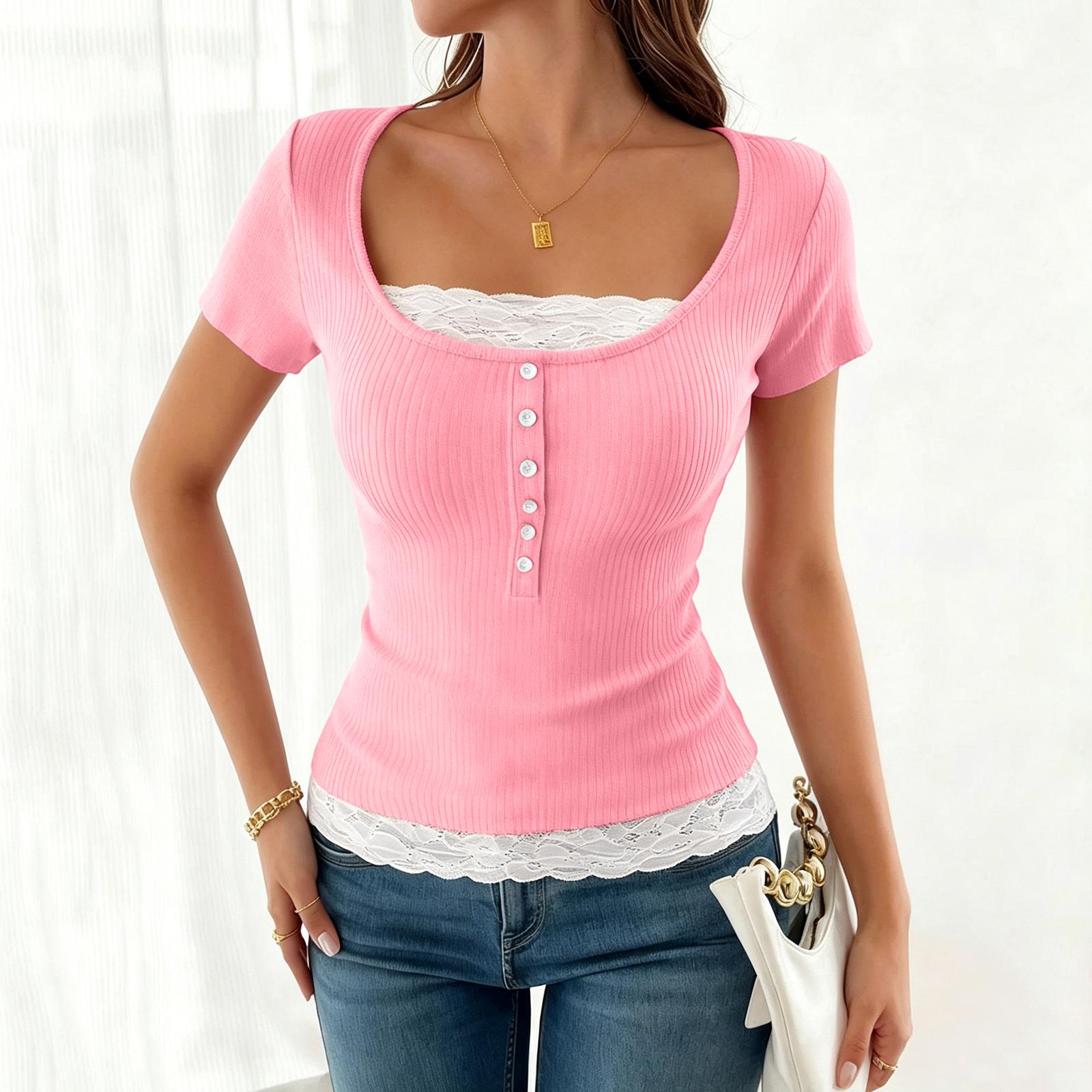Women s Short Sleeve Layered Lace Top Ribbed Knit Slim Fit T Shirt Button Detail Casual Blouse XL рожевий
Women s Short Sleeve Layered Lace Top Ribbed Knit Slim Fit T Shirt Button Detail Casual Blouse XL рожевий