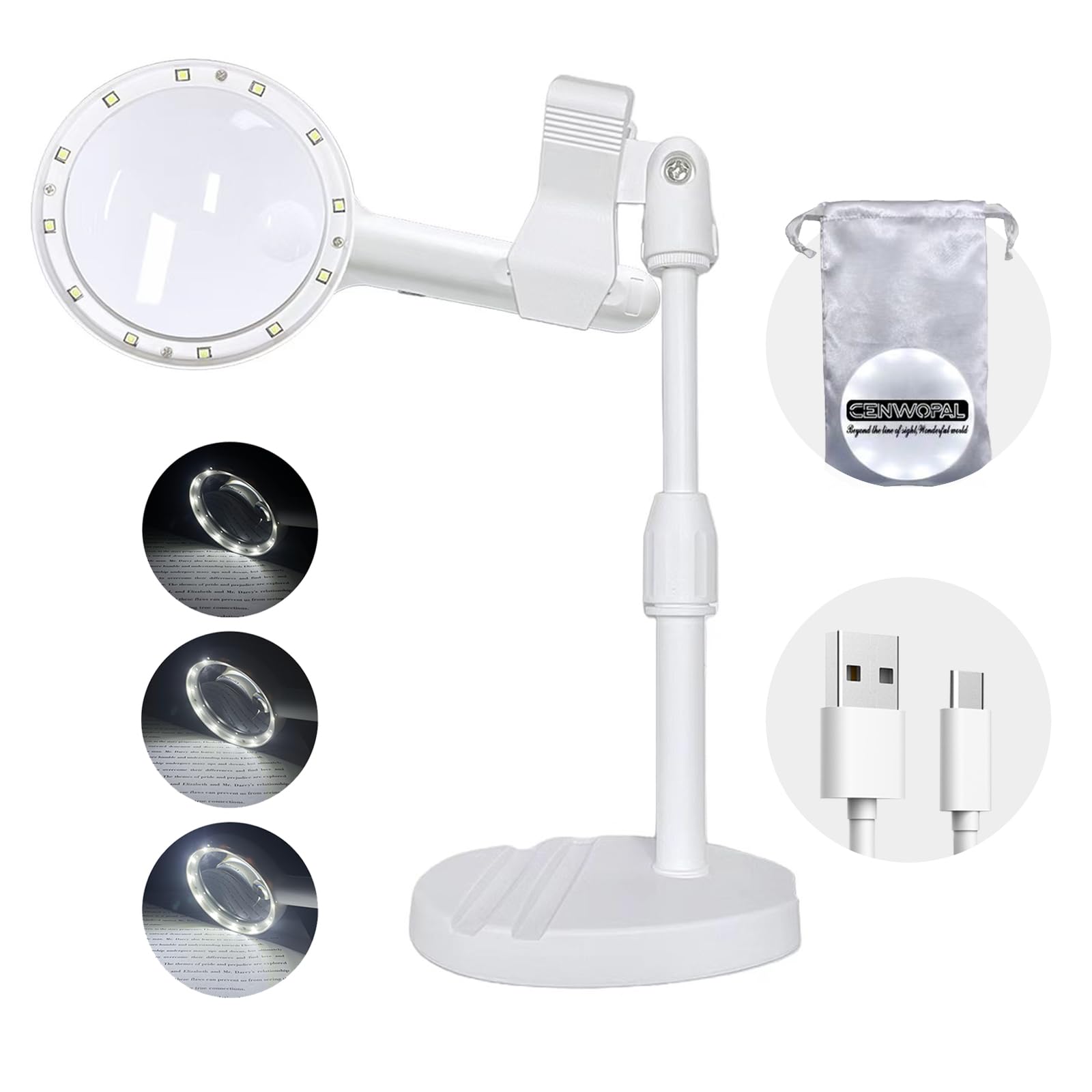 CENWOPAL Magnifying Glass with 30x and 60x Magnification Handheld Magnifier with LED 3 Color Stepless Magnifying for Low Vision and Visually Impaired білий
CENWOPAL Magnifying Glass with 30x and 60x Magnification Handheld Magnifier with LED 3 Color Stepless Magnifying for Low Vision and Visually Impaired білий