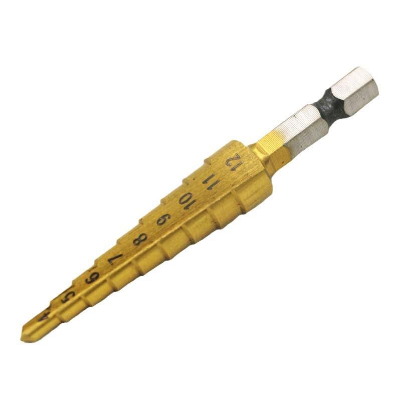 Titanium Plated Hex Shank 4-12mm Step Drill for Plastic and Wood (Chamfer Tool)
Titanium Plated Hex Shank 4-12mm Step Drill for Plastic and Wood (Chamfer Tool)