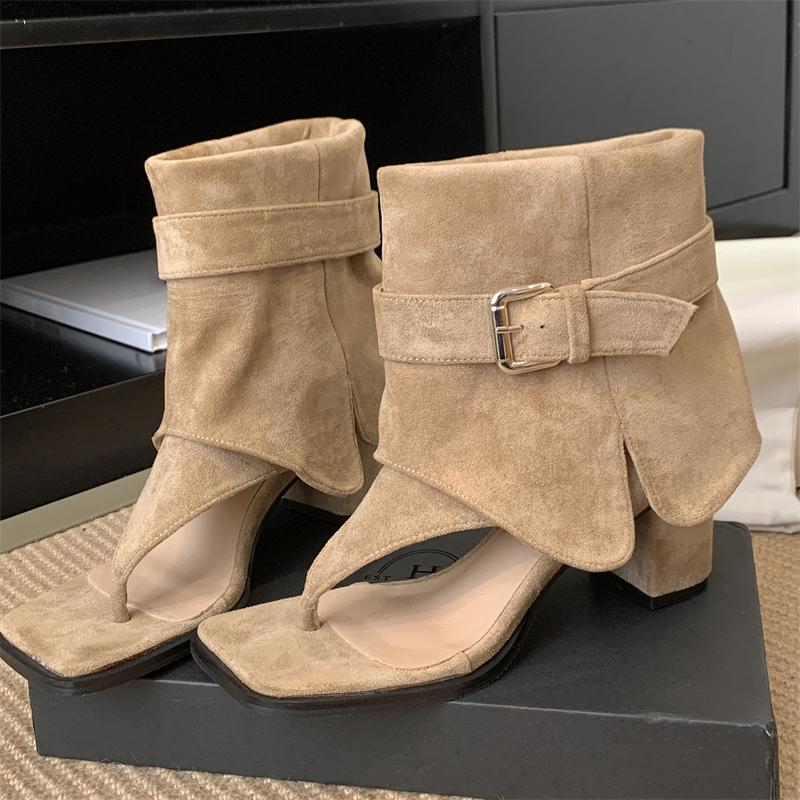 Eilyken Мода Ретро Пип Клип Носок Женские Ботильоны Крутые Босоножки Весна Осень Квадратный Каблук Ремешок с Пряжкой Женская Римская Обувь 40 абрикосовый