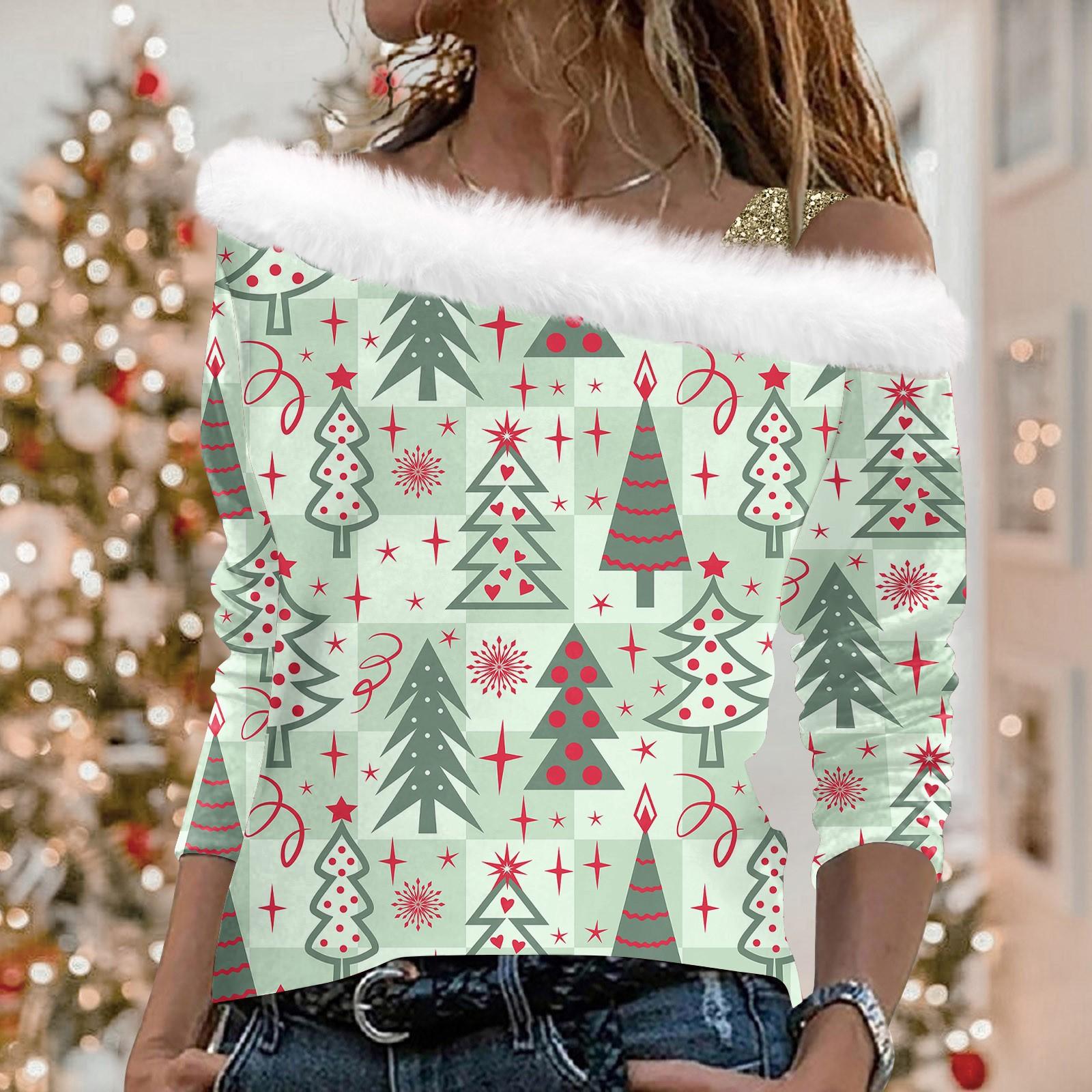 Женская модная повседневная футболка с разрезом и круглым вырезом, длинным рукавом и рождественским принтом, женский топ M