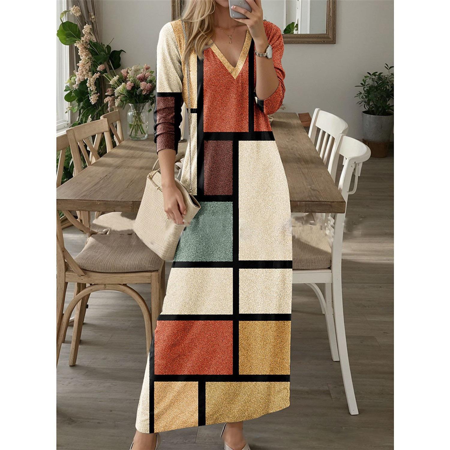 GMXIA Весна и осень Женское длинное платье с цифровым принтом и V-образным вырезом с длинными рукавами XXXXXL