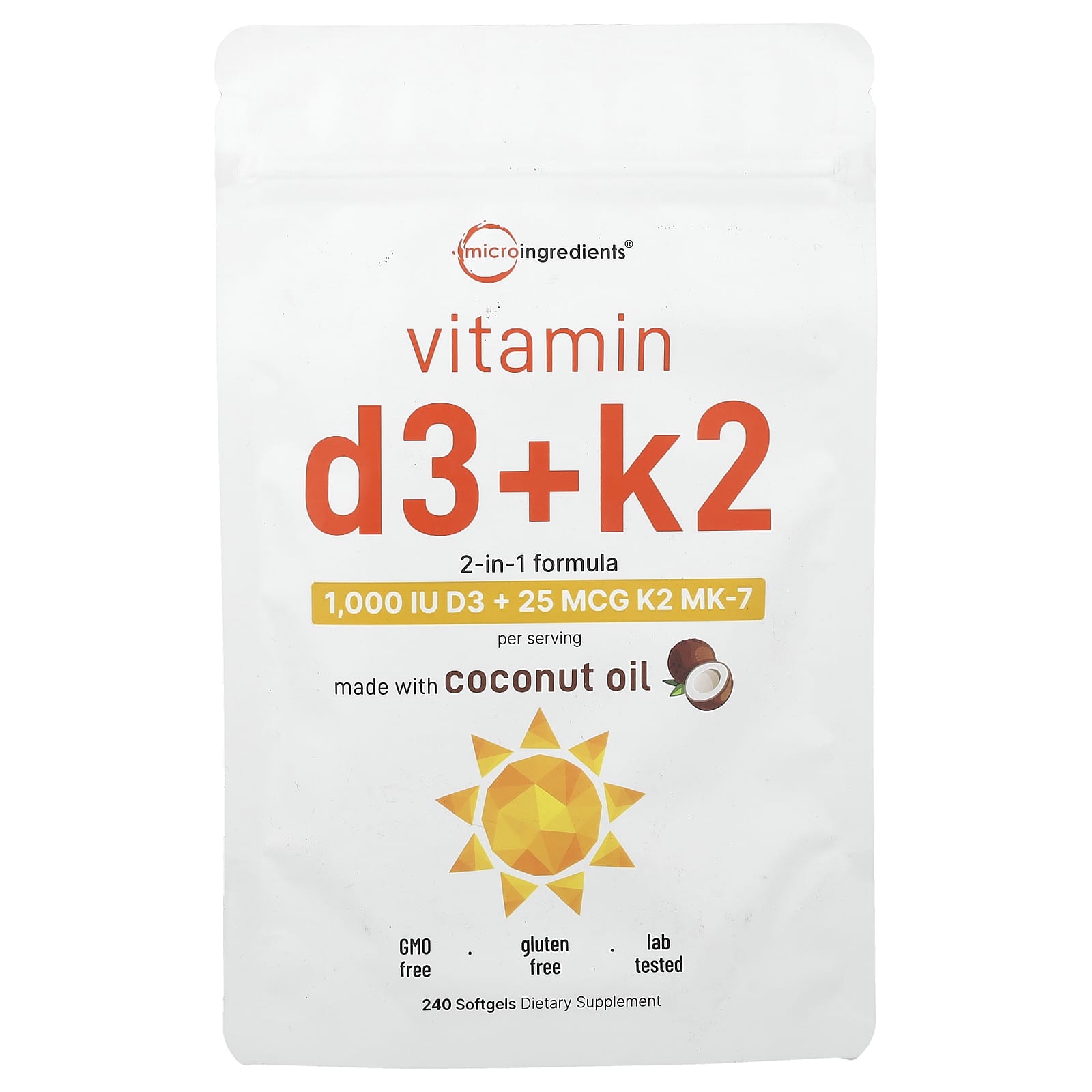 Micro Ingredients, Vitamin D3 + K2, 240 Softgels
Micro Ingredients, Vitamin D3 + K2, 240 Softgels