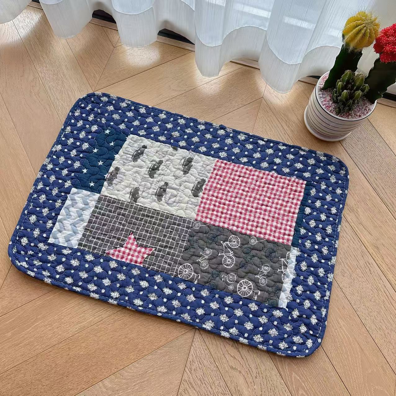 Стеганый коврик для ног Сращивание Хлопковая ткань Водопоглощающий Нескользящий Машинная стирка Кухонный коврик Коврик для кошек Домашних животных Тканевая печать Коврик для пола 40*60CM