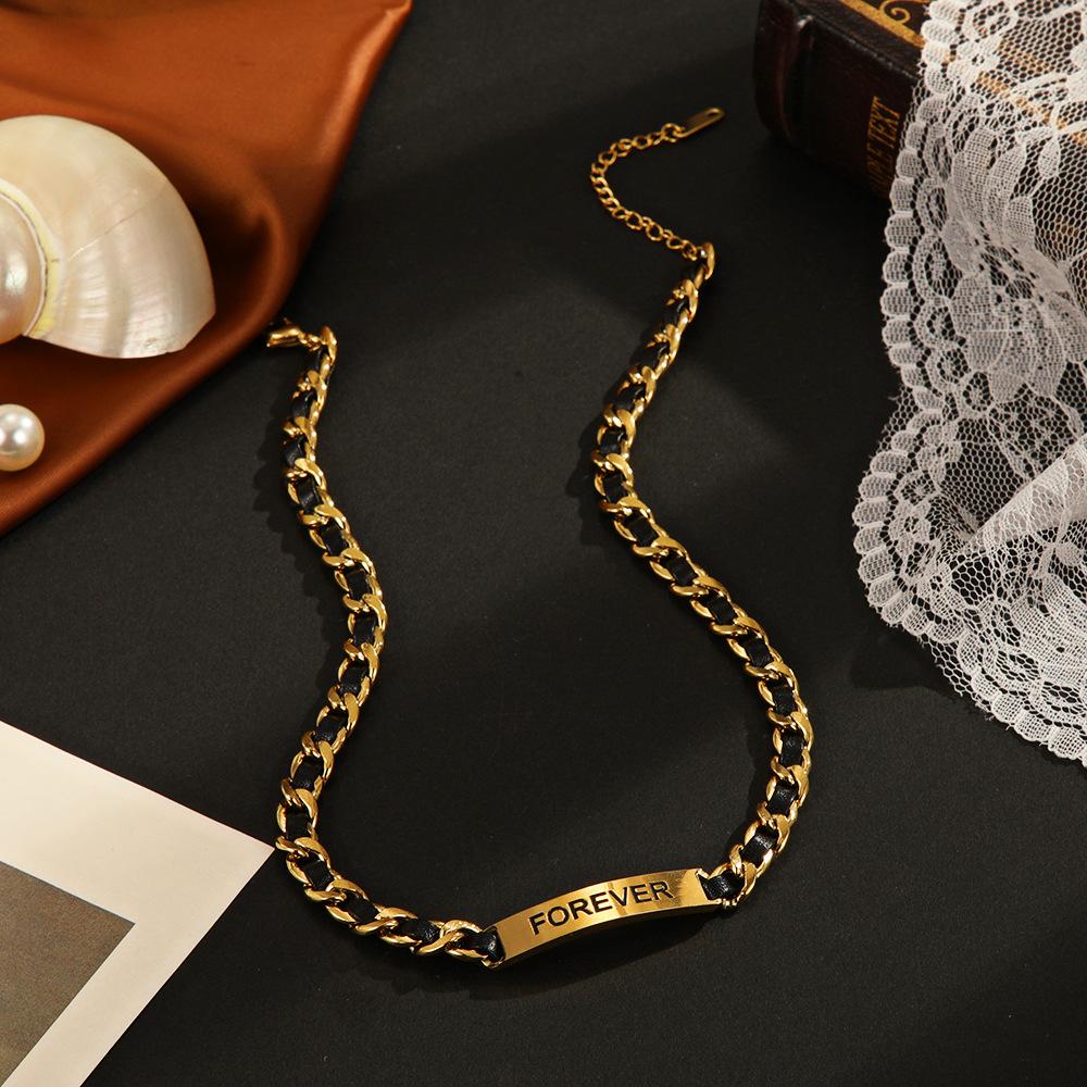European and American FOREVER stainless steel necklace women s 14K gold-plated temperament versatile leather inlaid titanium steel necklace women
European and American FOREVER stainless steel necklace women s 14K gold-plated temperament versatile leather inlaid titanium steel necklace women