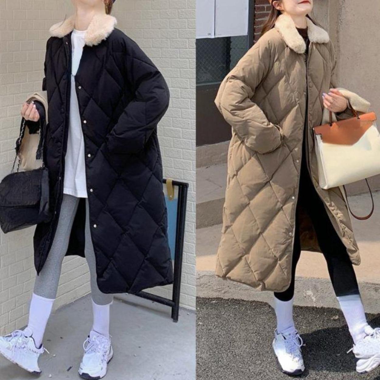 Длинные парки с меховым воротником, большие ромбовидные узоры, женское теплое длинное хлопковое пальто, однобортное M бежевый