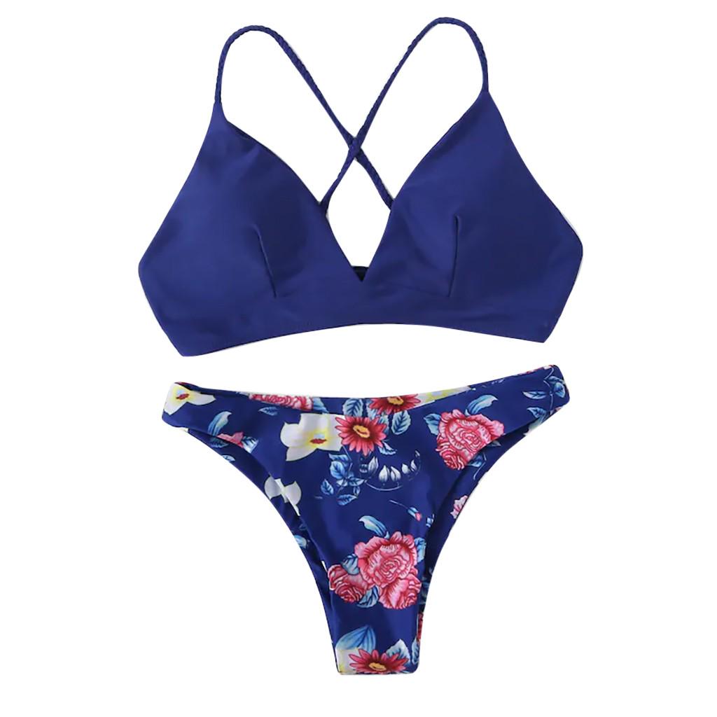 Buy Women Sexy Solid Color V Neck Bottom Bikini Set Padded Bandage