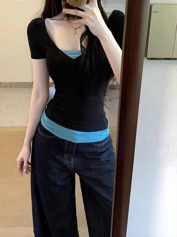 Острый топ с V-образным вырезом, цветной блок, пэчворк, укороченный - Короткий рукав, корейский, облегающий Extra Large чёрный