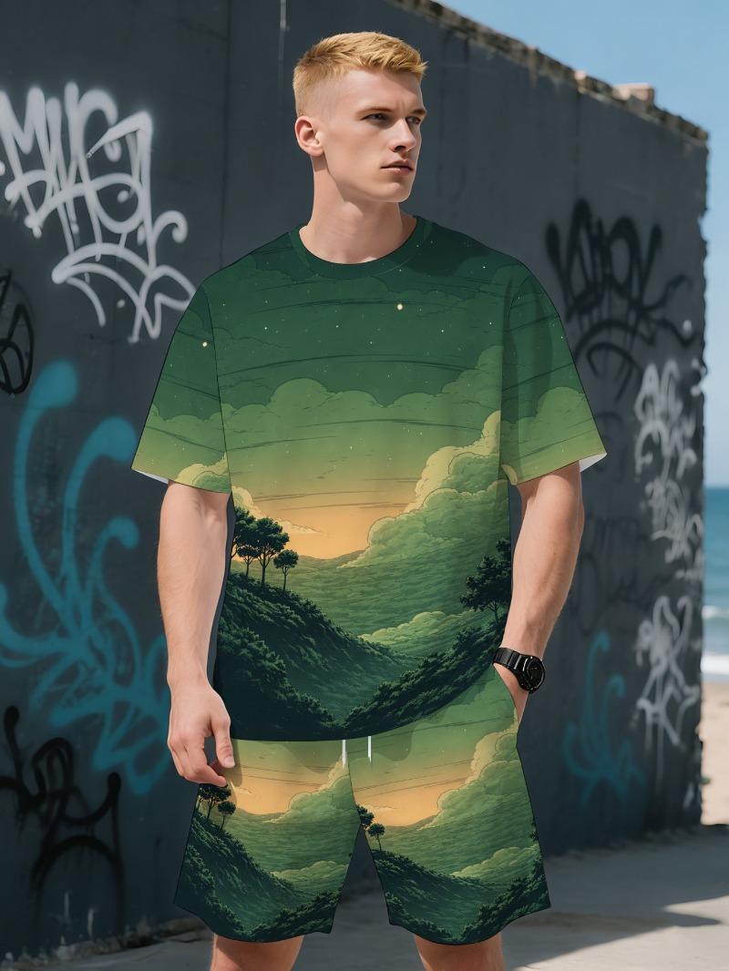 Mountain and cloud pattern men s short-sleeved T-shirt + shorts set XL
Mountain and cloud pattern men s short-sleeved T-shirt + shorts set XL