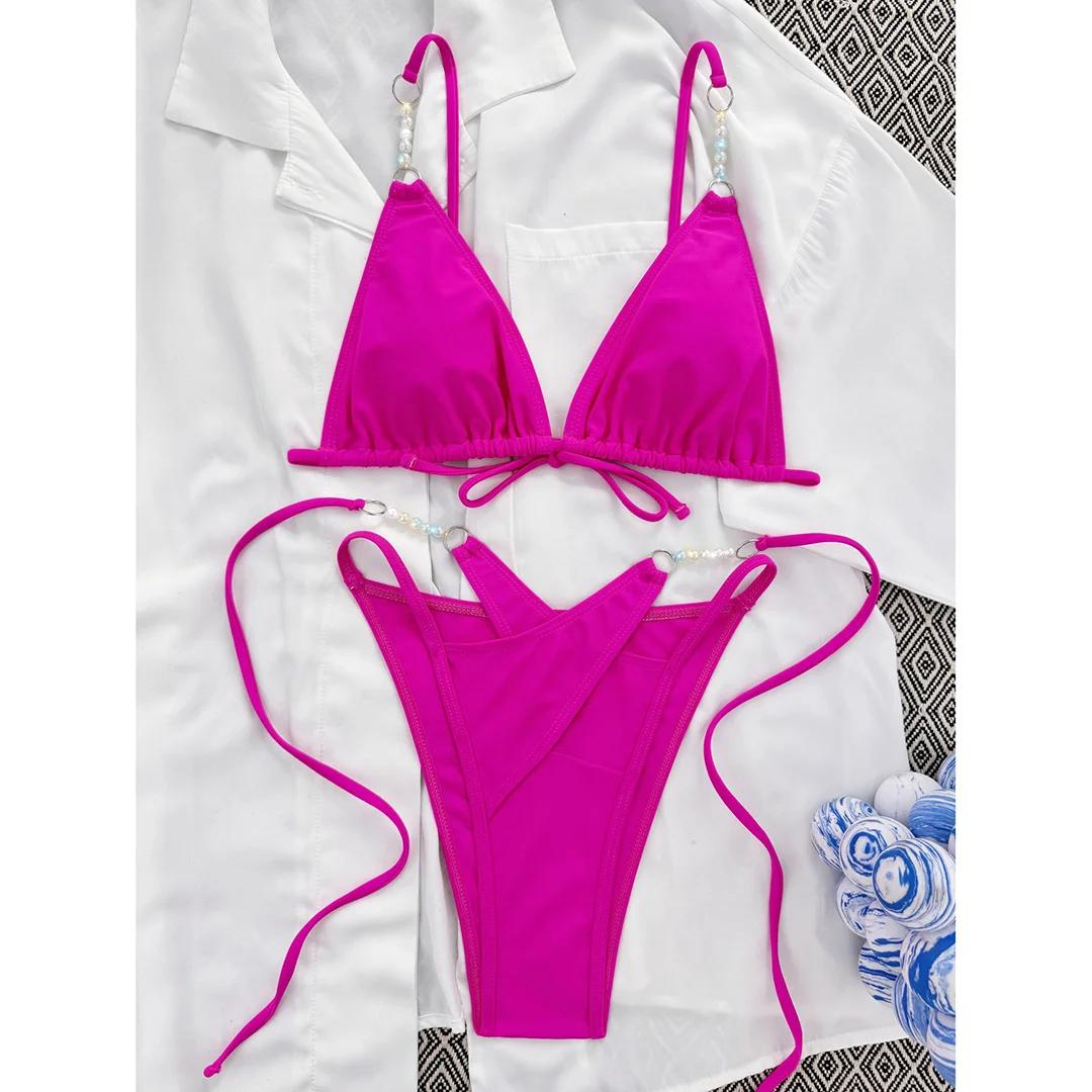 Sexy Halter Pearls Strappy Bikini Female Swimsuit Women Swimwear Two-pieces Bikini set High Cut Bather Bathing Suit Swim L рожевий
Sexy Halter Pearls Strappy Bikini Female Swimsuit Women Swimwear Two-pieces Bikini set High Cut Bather Bathing Suit Swim L рожевий