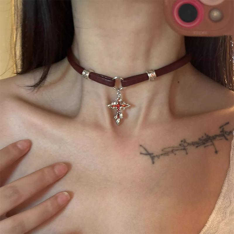 Девушка Стиль Винно-красный Кожаный Крест Чокер Цепочка на Ключицу Отбеливающее Ожерелье