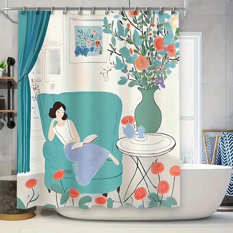 Elegant Floral Shower Curtain for Bathroom - Artistic Illustration of Woman Reading Book on Blue Sofa Waterproof and Durable W90xH180cm
Elegant Floral Shower Curtain for Bathroom - Artistic Illustration of Woman Reading Book on Blue Sofa Waterproof and Durable W90xH180cm