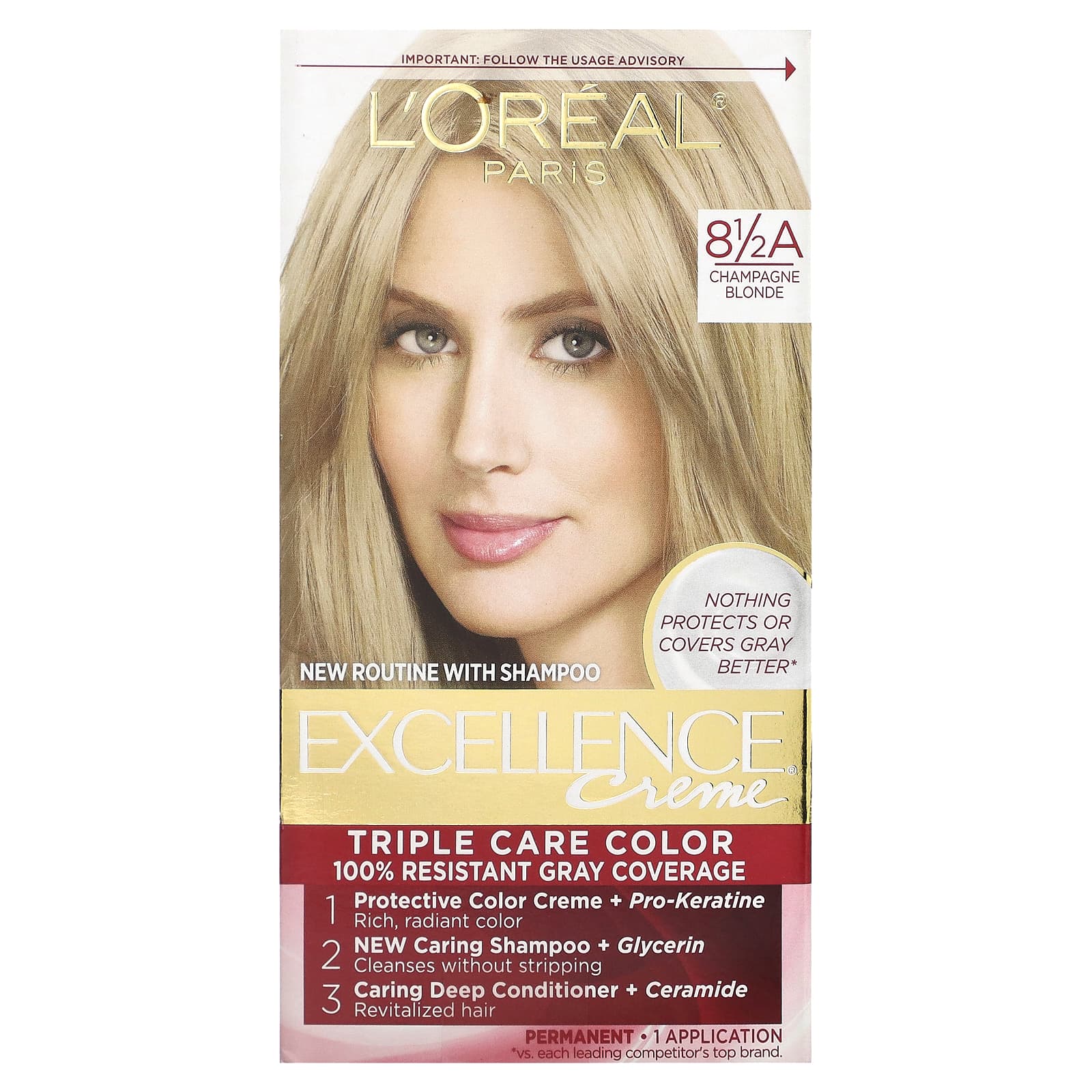 L Oréal, Excellence Cream, цвет Triple Care, 8 1/2A Champagne Blonde, 1 нанесение
L Oréal, Excellence Cream, цвет Triple Care, 8 1/2A Champagne Blonde, 1 нанесение