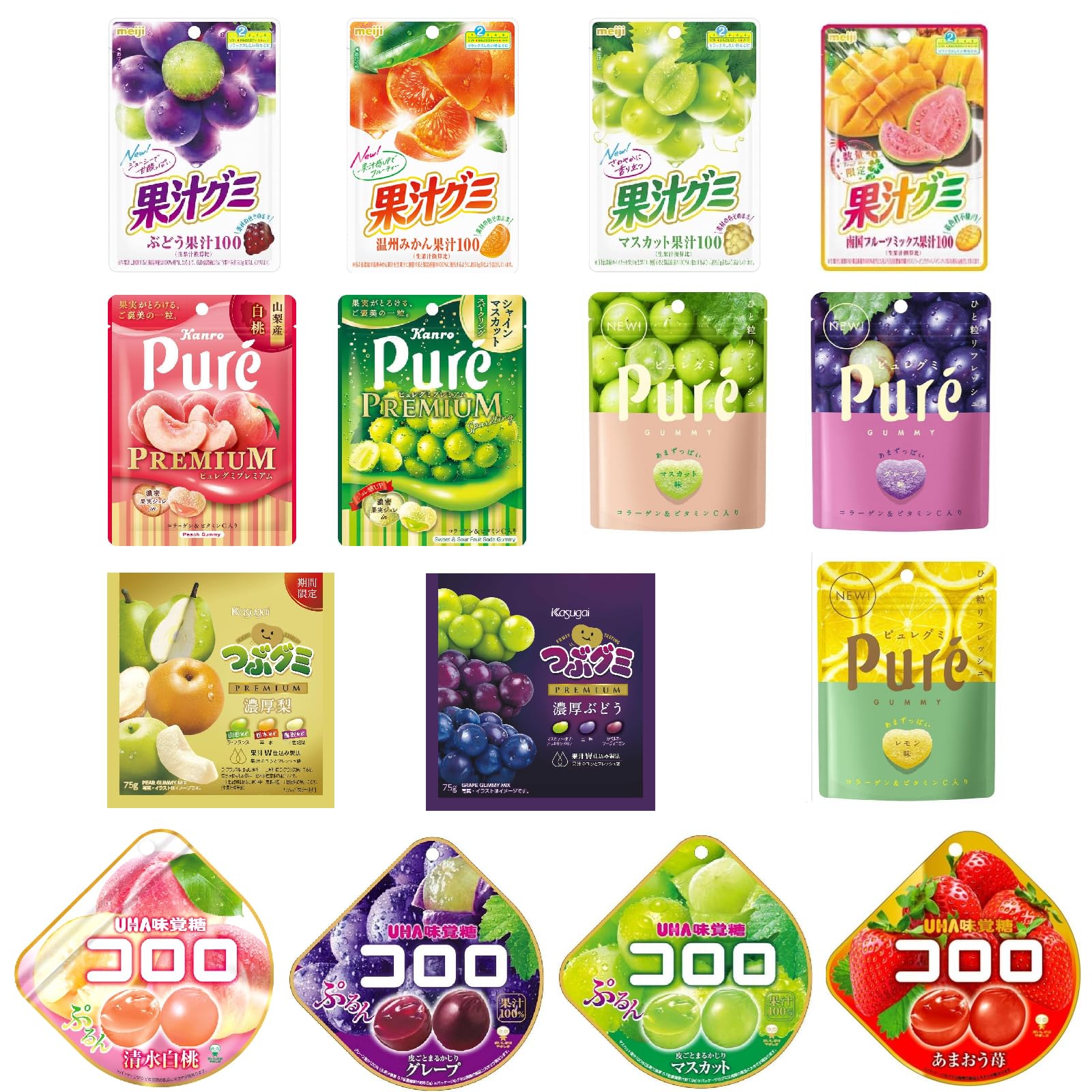 Assortment of gummies 12 types Meiji Kanro Kasugai UHA Mikakuto Fruit gummy Fruit juice gummy Pure gummy Tsubu gummy Kororo Tasting comparison
Assortment of gummies 12 types Meiji Kanro Kasugai UHA Mikakuto Fruit gummy Fruit juice gummy Pure gummy Tsubu gummy Kororo Tasting comparison
