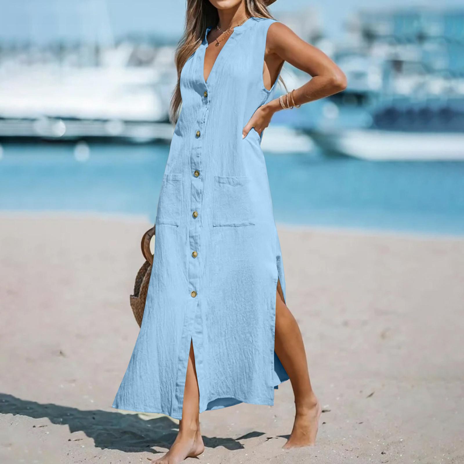 Модное женское летнее платье с V-образным вырезом, повседневное модное однотонное платье без рукавов XXL