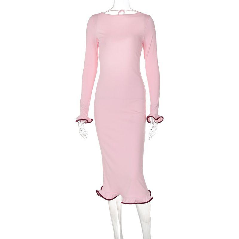 Backless Flared Sleeve Ruffle Hem Knit Dress Open Back Flare Sleeve Dress Pink S
Backless Flared Sleeve Ruffle Hem Knit Dress Open Back Flare Sleeve Dress Pink S