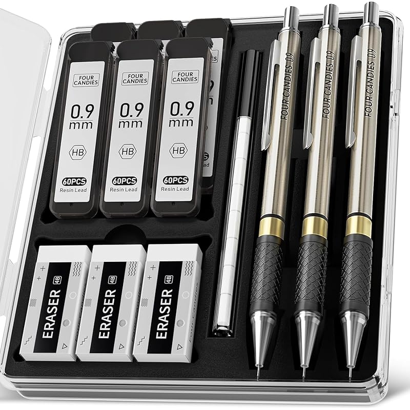 Four Candies metal mechanical pencil set 0.9mm 3 pieces HB core refill 360 pieces With eraser For drafting writing for sketching With case
Four Candies metal mechanical pencil set 0.9mm 3 pieces HB core refill 360 pieces With eraser For drafting writing for sketching With case