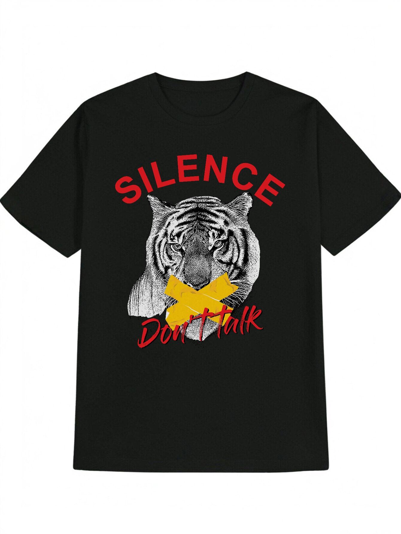 Casual Graphic T-shirt with Tiger Head X-Over Print & SILENCE DON T TALK Text - Black Round Neck Summer Tee XXXXL
Casual Graphic T-shirt with Tiger Head X-Over Print & SILENCE DON T TALK Text - Black Round Neck Summer Tee XXXXL