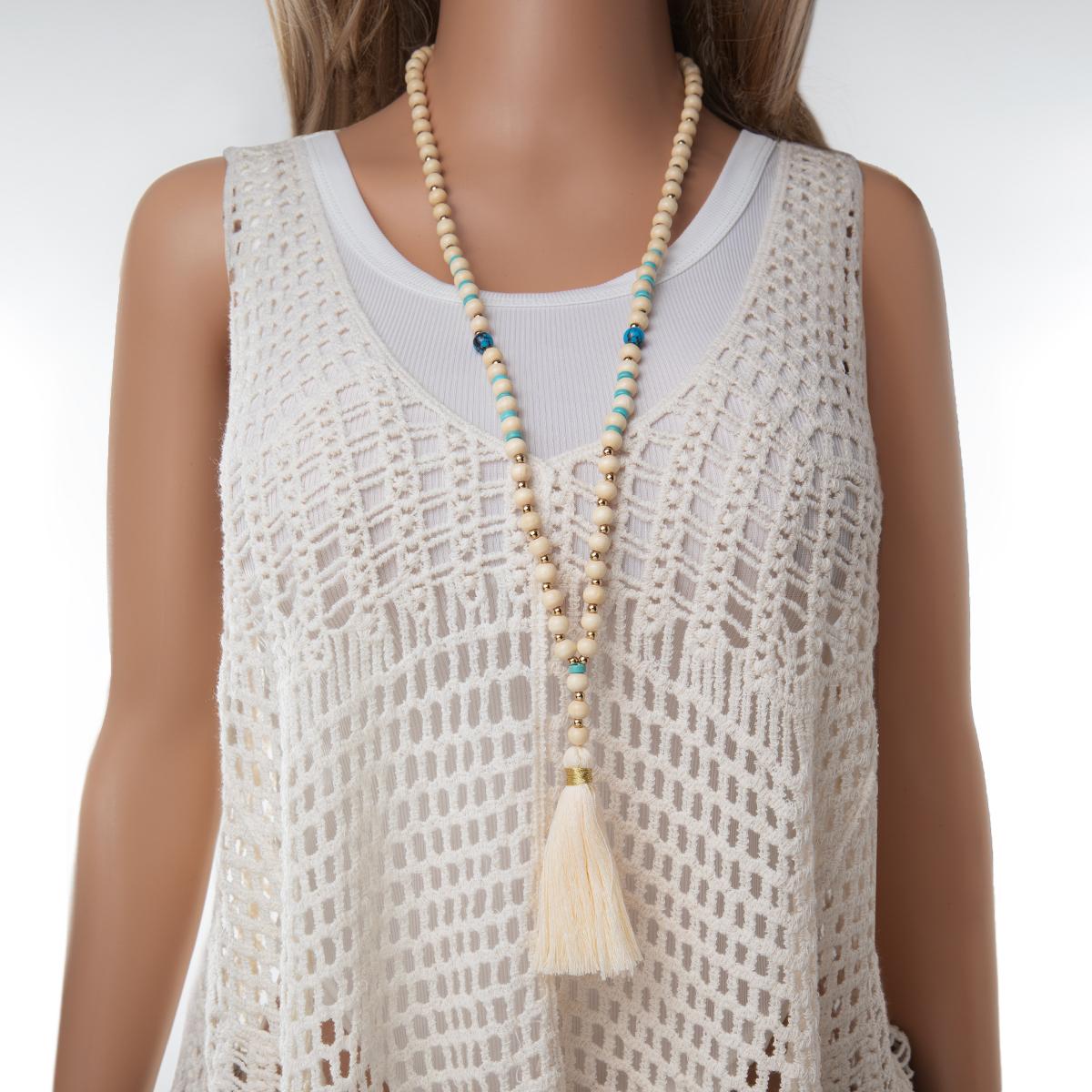 Fashionable retro long wooden bead mixed with turquoise beaded tassel Y-shaped women s necklace for daily wear
Fashionable retro long wooden bead mixed with turquoise beaded tassel Y-shaped women s necklace for daily wear