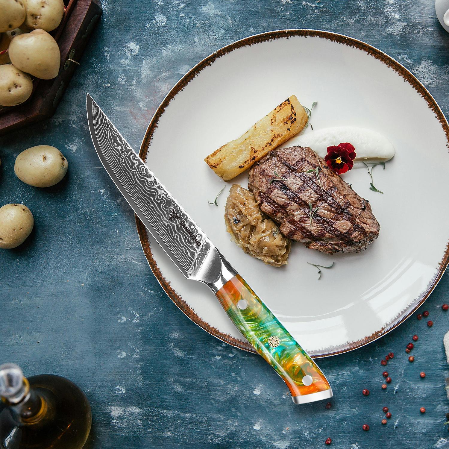 SANMUZUO 5-дюймовый нож для стейка - Столовый нож - Серия Xuan - Кухонный нож из дамасской стали VG10 - Рукоятка из смолы оранжевый
SANMUZUO 5-дюймовый нож для стейка - Столовый нож - Серия Xuan - Кухонный нож из дамасской стали VG10 - Рукоятка из смолы оранжевый