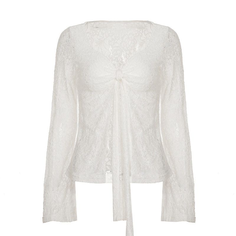 American-Style Pure Desire Lace Patchwork Tie-Up Half-V-Neck Long-Sleeve T-Shirt, Spicy Girl Solid Color Versatile Base Shirt White S
American-Style Pure Desire Lace Patchwork Tie-Up Half-V-Neck Long-Sleeve T-Shirt, Spicy Girl Solid Color Versatile Base Shirt White S