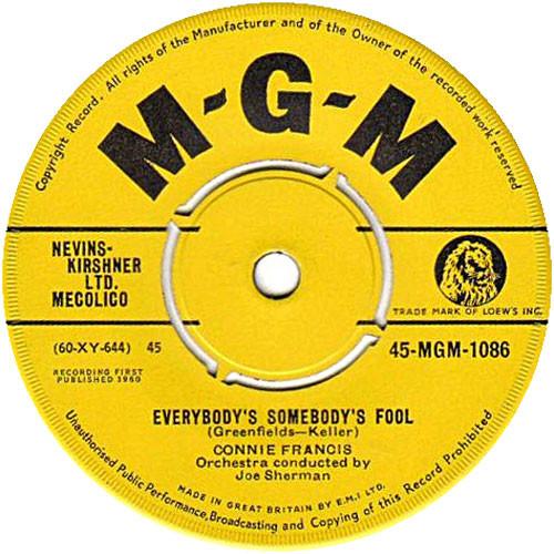 7inch Record CONNIE FRANCIS - Everybody s Somebody s Fool 45MGM1086 MGM Records 1960 UK Rock Used
7inch Record CONNIE FRANCIS - Everybody s Somebody s Fool 45MGM1086 MGM Records 1960 UK Rock Used