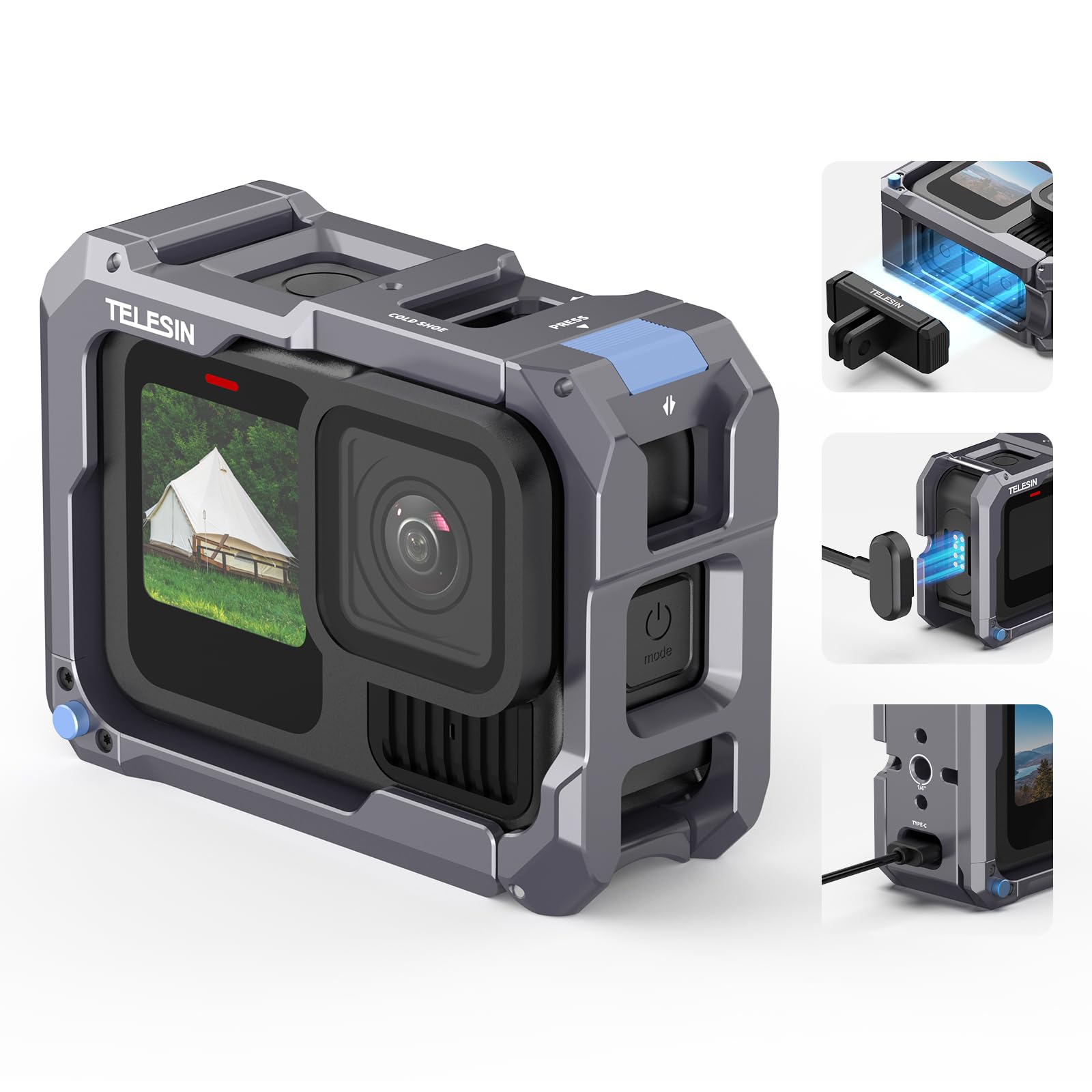 TELESIN Клітка з алюмінієвого сплаву Сумісна з захисною рамкою GoPro Сумісна з магнітною зарядкою Бічна кришка Швидкознімна Зручна
TELESIN Клітка з алюмінієвого сплаву Сумісна з захисною рамкою GoPro Сумісна з магнітною зарядкою Бічна кришка Швидкознімна Зручна