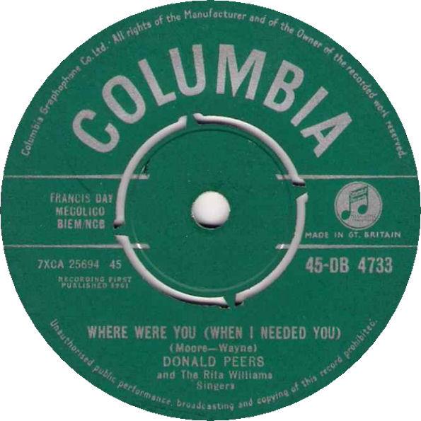 7inch Record DONALD PEERS THE RITA WILLIAMS SI Where Were You When I Needed You 45DB4733 Columbia 1961 UK Pop Used
7inch Record DONALD PEERS THE RITA WILLIAMS SI Where Were You When I Needed You 45DB4733 Columbia 1961 UK Pop Used
