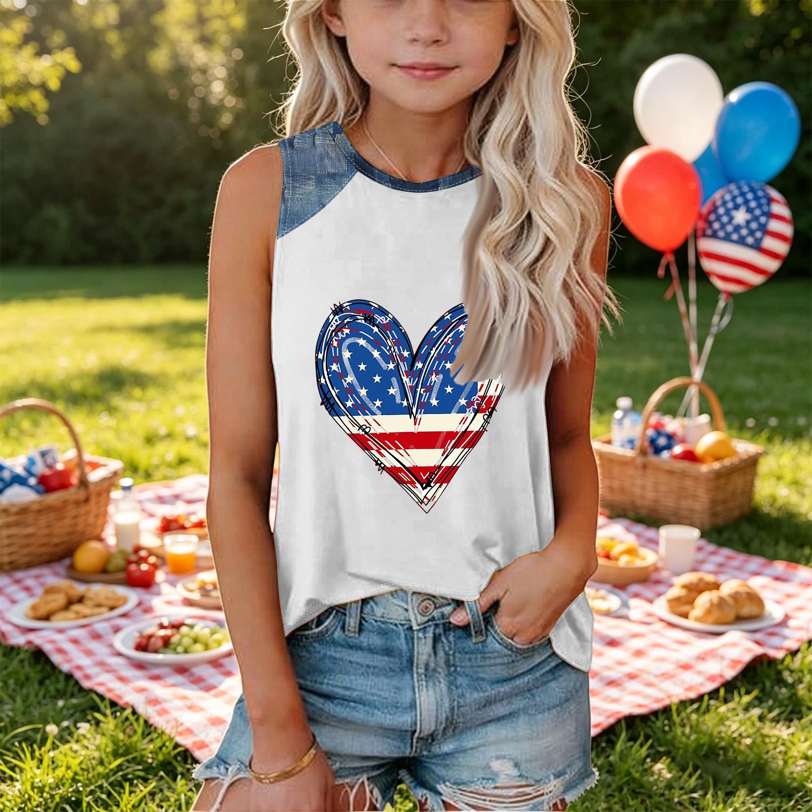 Girls Sleeveless Loose Fit Tank Top Round Neck Shirt Independence Day Heart Print Denim Patchwork Casual Tee 140
Girls Sleeveless Loose Fit Tank Top Round Neck Shirt Independence Day Heart Print Denim Patchwork Casual Tee 140