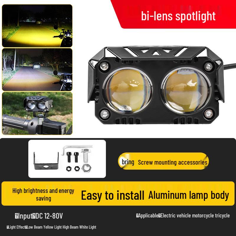 Двухцветная светодиодная мотоциклетная фара: Водонепроницаемый прожектор с режимами дальнего и ближнего света, желтым светом и креплением на зеркало для электромобилей.
Двухцветная светодиодная мотоциклетная фара: Водонепроницаемый прожектор с режимами дальнего и ближнего света, желтым светом и креплением на зеркало для электромобилей.