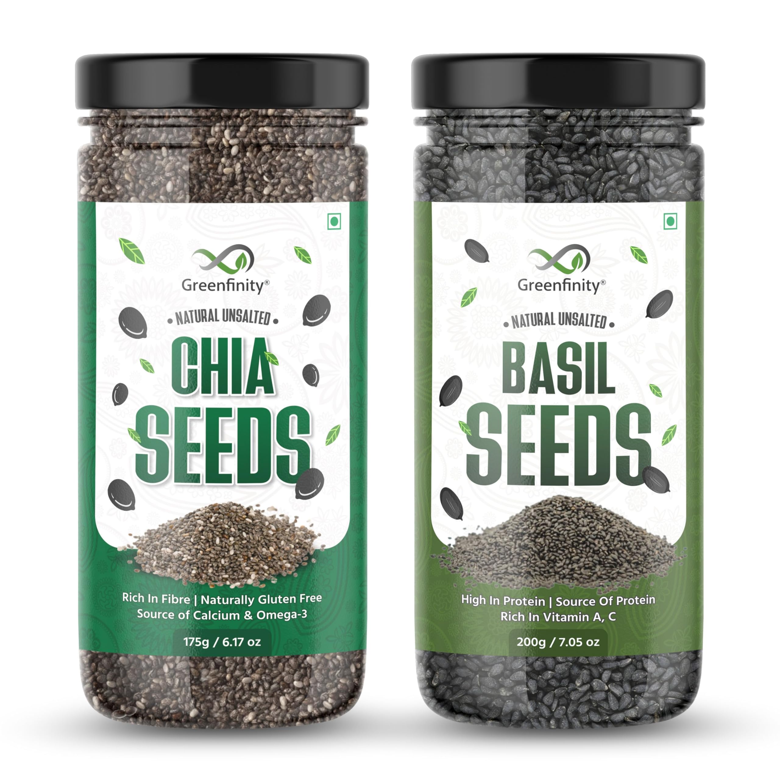 GreenFinity Healthy Seeds Combo- Chia Seeds (175g) Basil Seeds (200g) | Rich in Omega-3, Dietary Fibre, Antioxidant | Raw Seeds for Weight Loss,
GreenFinity Healthy Seeds Combo- Chia Seeds (175g) Basil Seeds (200g) | Rich in Omega-3, Dietary Fibre, Antioxidant | Raw Seeds for Weight Loss,