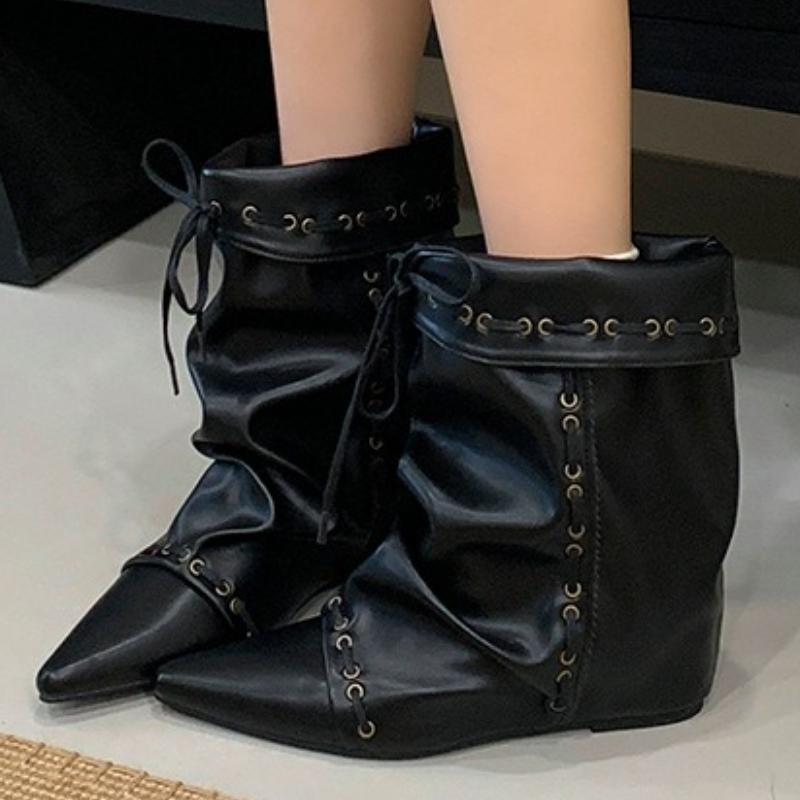 Мода НОВЫЙ Панк Винтаж Стельки Высота Клинья Каблуки Острый Носок Женские Ботильоны Осень Зима Дизайнер Шнуровка Платье Женская Обувь 35 чёрный