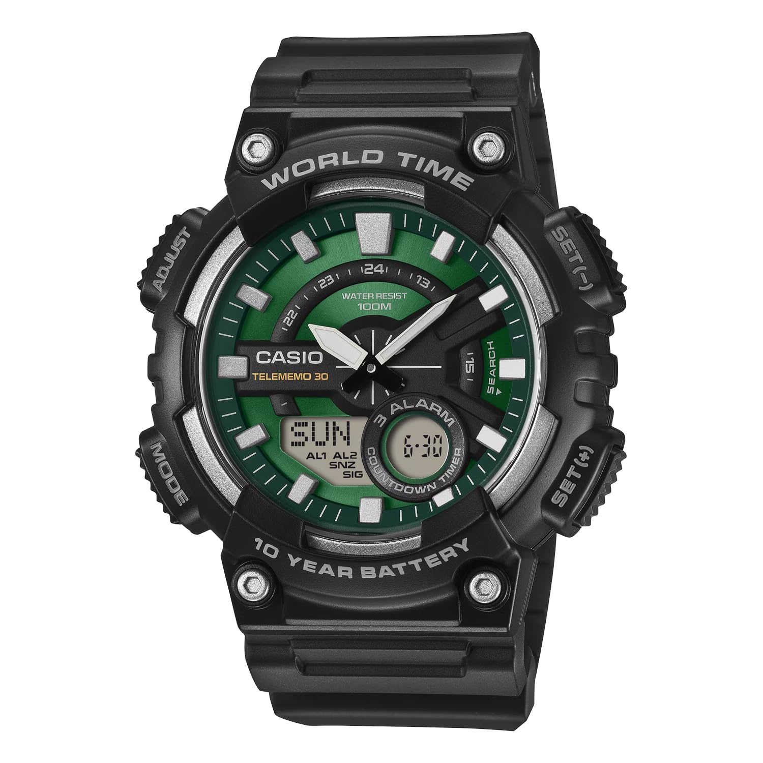 Casio World Time Ana-Digi Quartz Watch AEQ-110W-3A2V Men s Green Sunburst Dial Black
Casio World Time Ana-Digi Quartz Watch AEQ-110W-3A2V Men s Green Sunburst Dial Black
