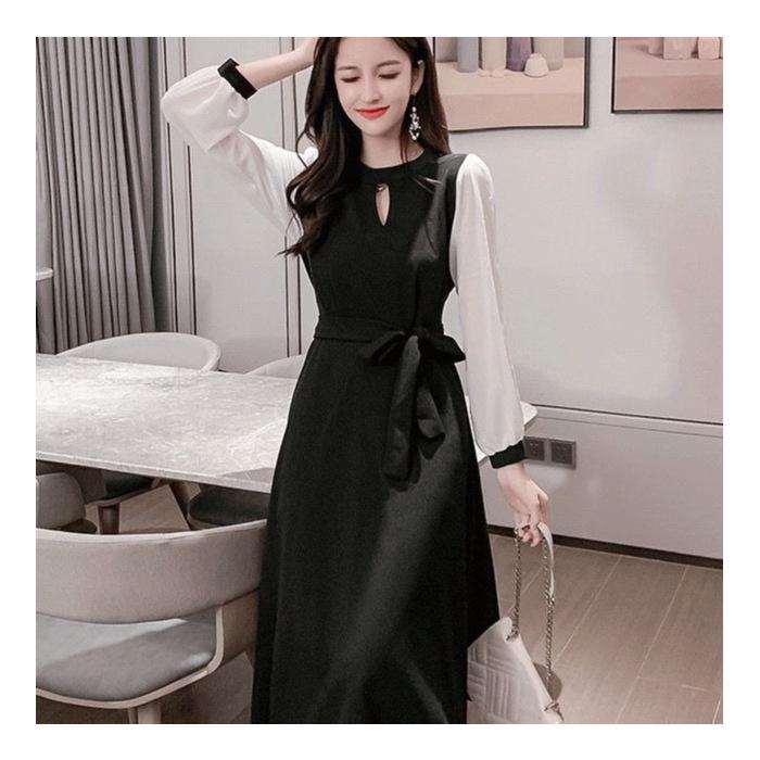 Осень 2024 Женское облегающее платье миди с длинным рукавом, больших размеров, маленькое черное платье, корейский стиль, элегантный дизайн M чёрный