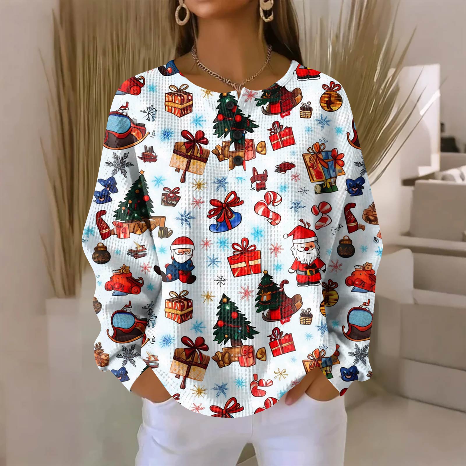 Women s Fashionable Casual Christmas Print V-Neck Long-Sleeved Button-Down Blouse XL
Women s Fashionable Casual Christmas Print V-Neck Long-Sleeved Button-Down Blouse XL