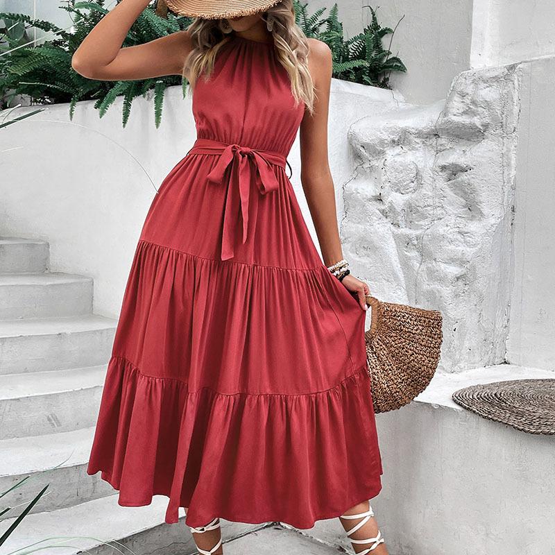 Summer new personalized elegance temperament neck solid color dress medium and long XL бордовий
Summer new personalized elegance temperament neck solid color dress medium and long XL бордовий